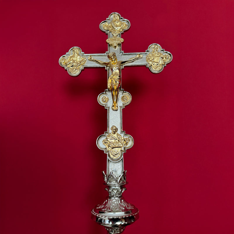 Cruz Processional Evangelista banhada a níquel - haste espiral