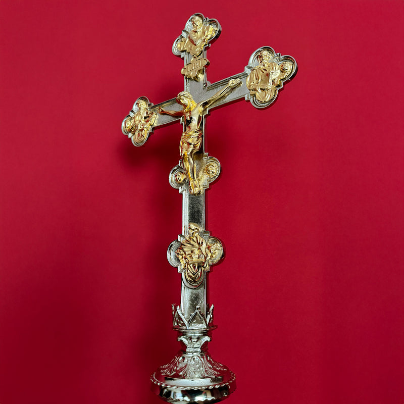 Cruz Processional Evangelista banhada a níquel - haste espiral