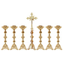 Conjunto de Castiçais Boleados com Cruz banhado a ouro (7 Peças)