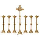 Conjunto de Castiçais Espirais com Cruz banhado a ouro (7 Peças)