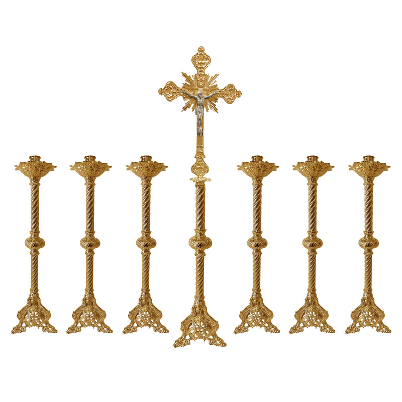 Conjunto de Castiçais Espirais com Cruz banhado a ouro (7 Peças)