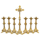 Conjunto de Castiçais Espirais Médios com Cruz banhado a ouro (7 Peças)