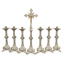 Conjunto de Castiçais Espirais Médios com Cruz banhado a níquel (7 Peças)