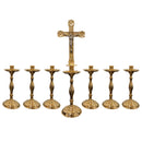 Conjunto de Castiçais Lisos com Cruz banhado a ouro (7 Peças)