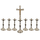 Conjunto de Castiçais Lisos com Cruz banhado a níquel (7 Peças)