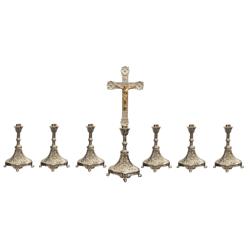 Conjunto de Castiçais Ovais com Cruz banhado a níquel (7 Peças)