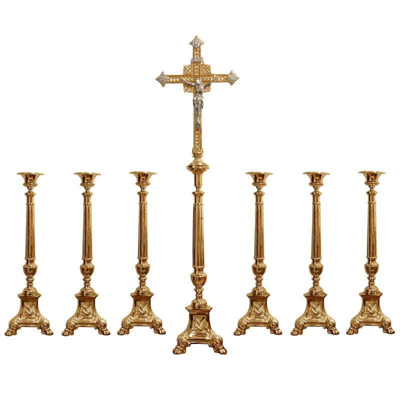 Conjunto de Castiçais Sagrada Família com Cruz banhado a ouro (7 Peças)
