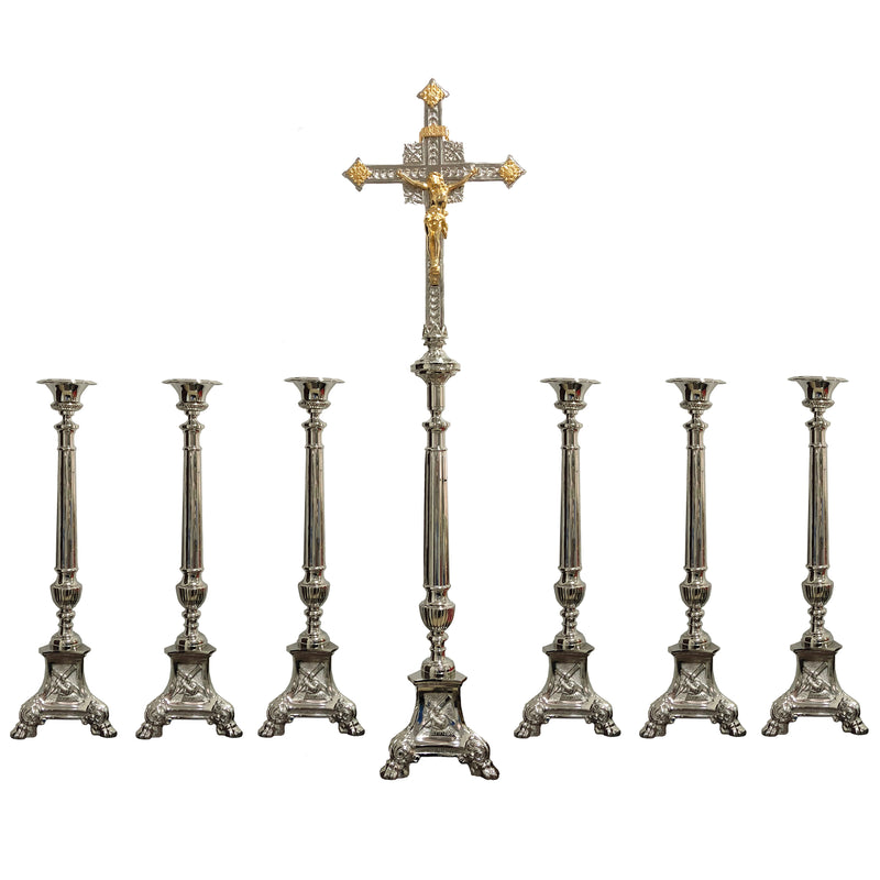 Conjunto de Castiçais Sagrada Família com Cruz banhado a níquel (7 Peças)
