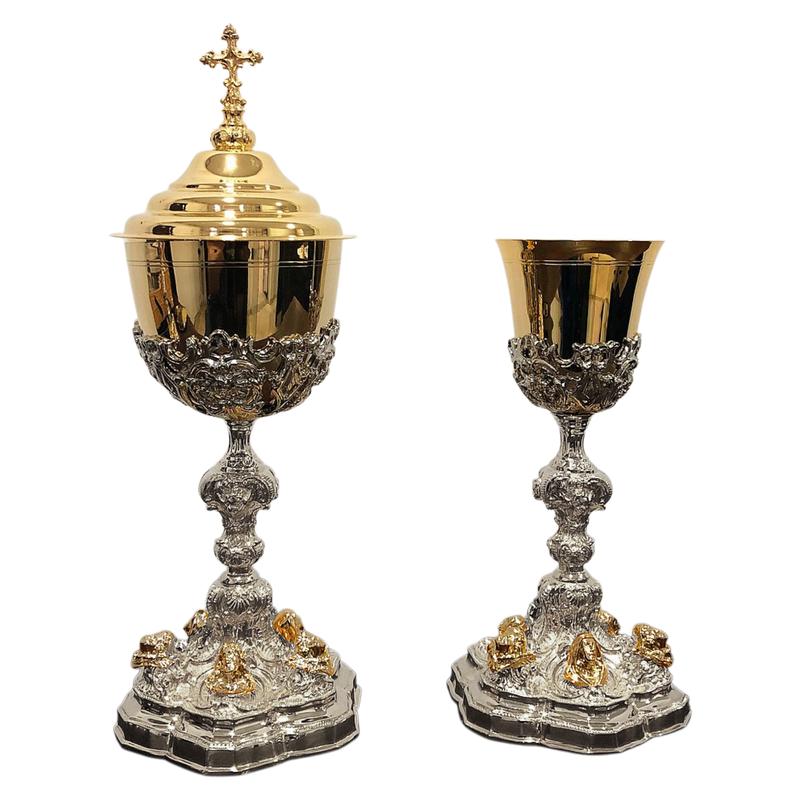 Conjunto de Cálice e Âmbula Sagrada Família banhados a níquel