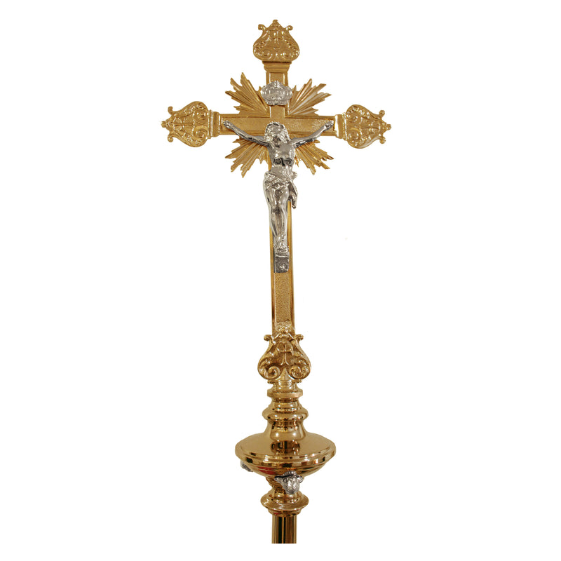 Cruz Processional Catedral banhada a ouro - haste espiral